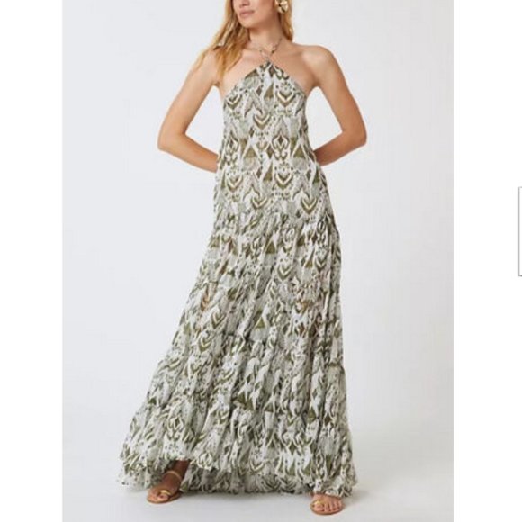 Anthropologie MISA L 495$ Printed Halter Midi Maxi Dress Moss Size Large NWT